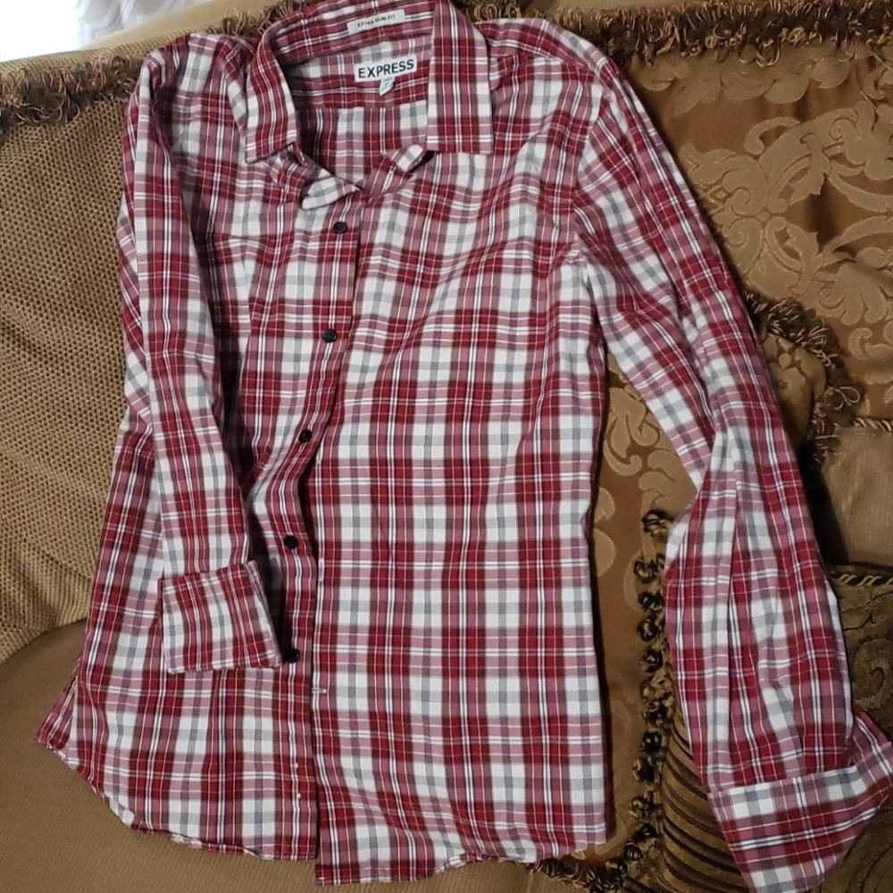 Red, white and grey plaid express shirt